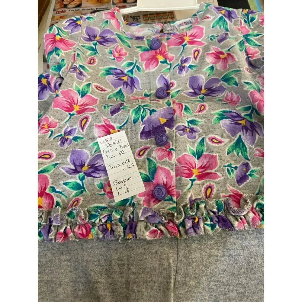 Okie Dokie Vintage Gray Floral Print‎ Girls Size 24 Months 2 Piece Outfit